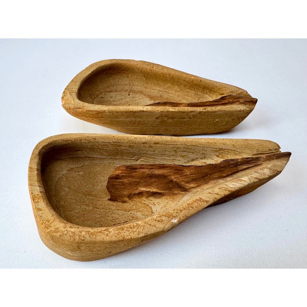 Hand Carved Stone Vessels Pair Sculptural Forms w Raised Mineral Vein